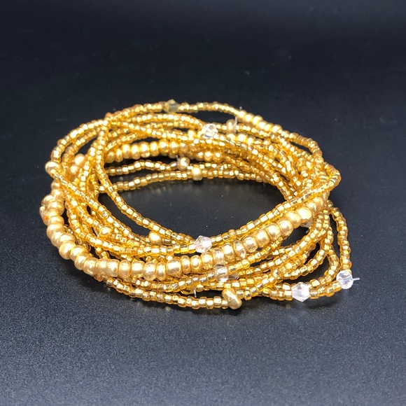 Hand Crafted Jewelry - Multi Strand Tiny Gold Glass Seed Stretch Stacking Beaded Bracelet